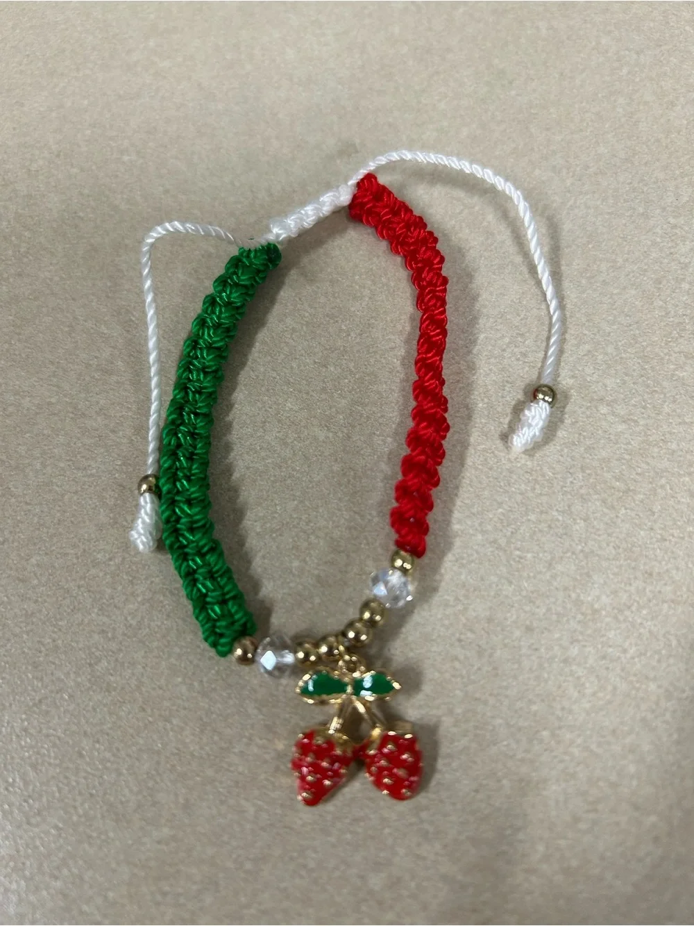 Red & Green Braided Charm adjustable Bracelet with Cherry Pendant
